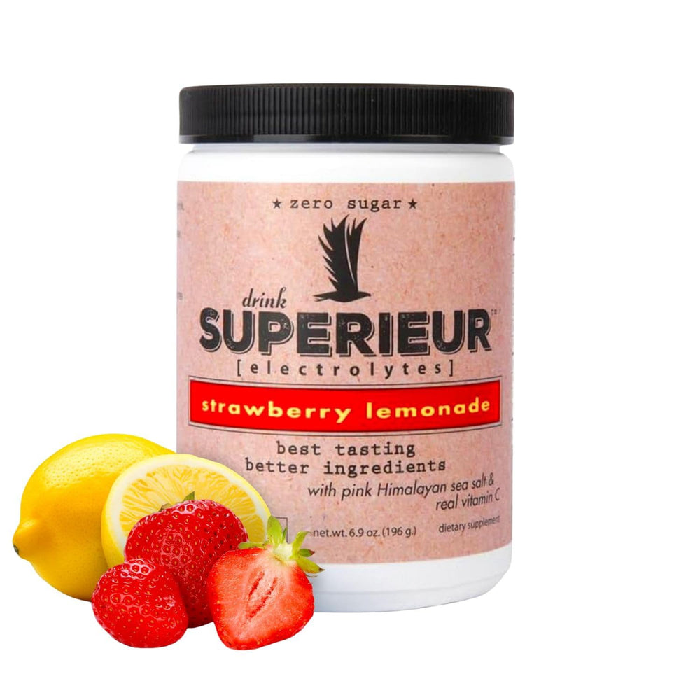 Superieur Electrolytes strawberry-lemon bottle for on-the-go hydration and refreshment.