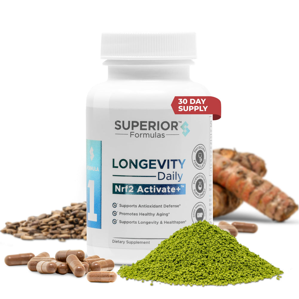 Superior Formulas NRF2 Activator bottle on counter showing convenient daily antioxidant support.
