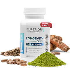 Superior Formulas NRF2 Activator bottle on counter showing convenient daily antioxidant support.