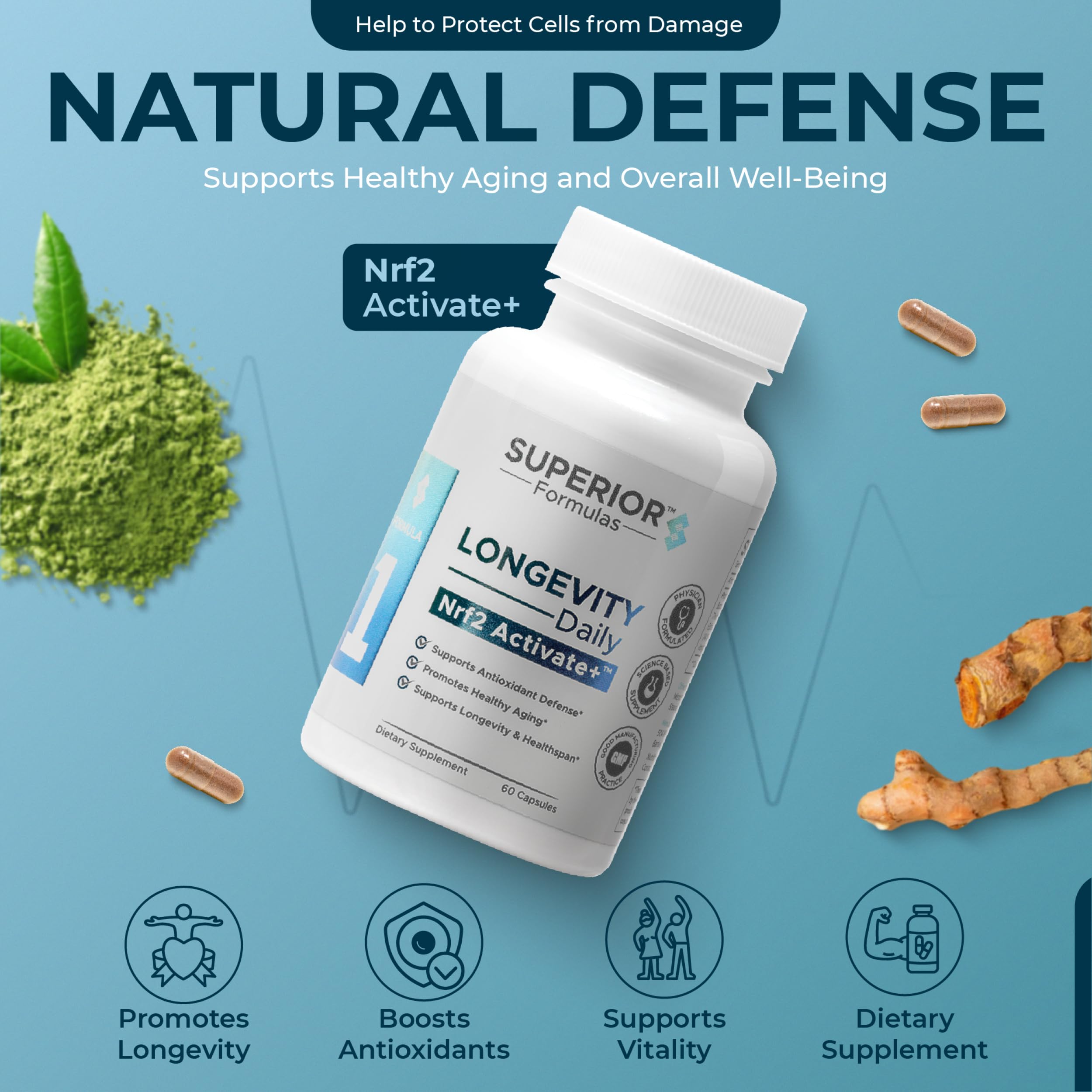 Close-up of the Superior Formulas NRF2 Activator label with usage details for daily antioxidant support.