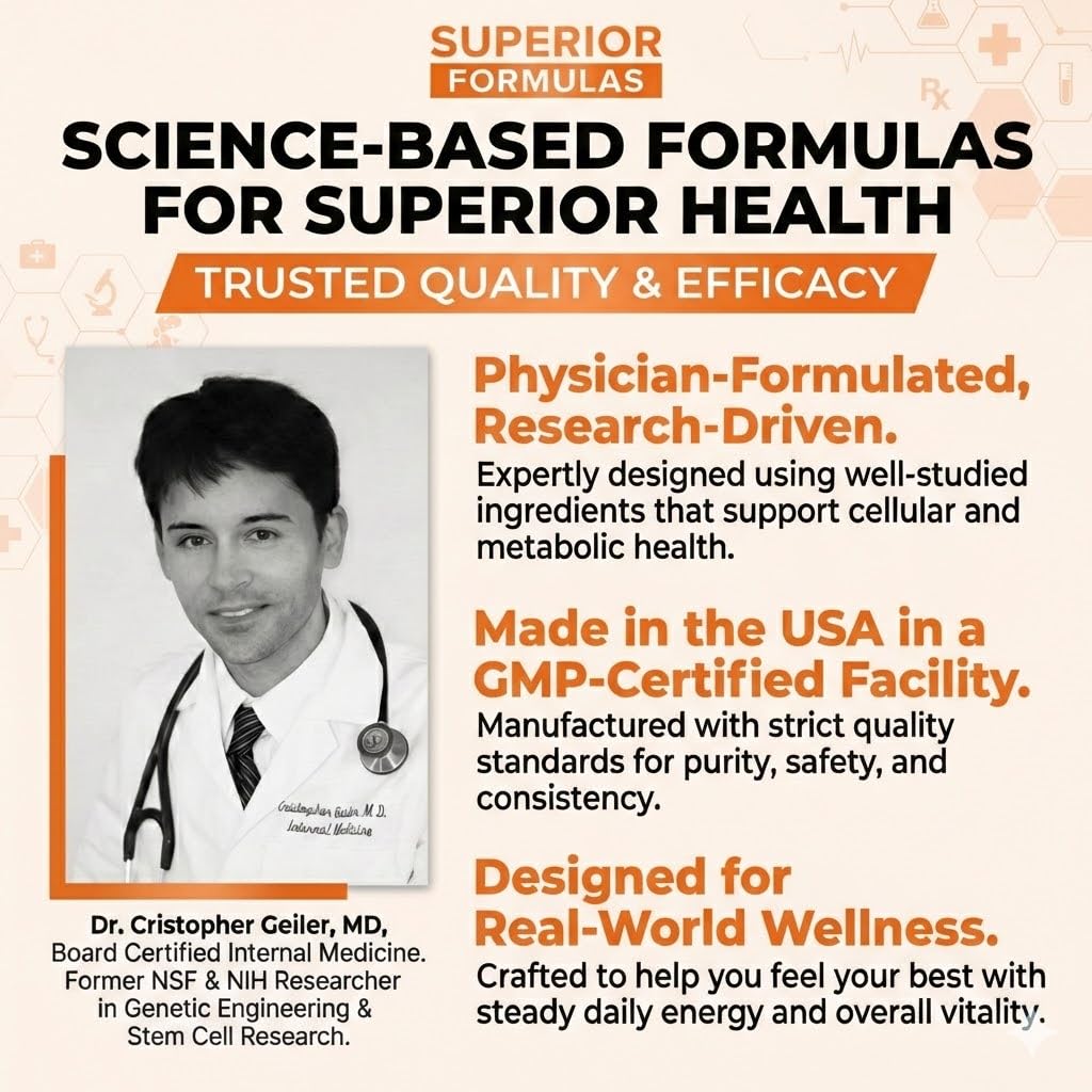 Superior Formulas SENOLYTIC+ bottle label highlights a physician-formulated wellness blend.