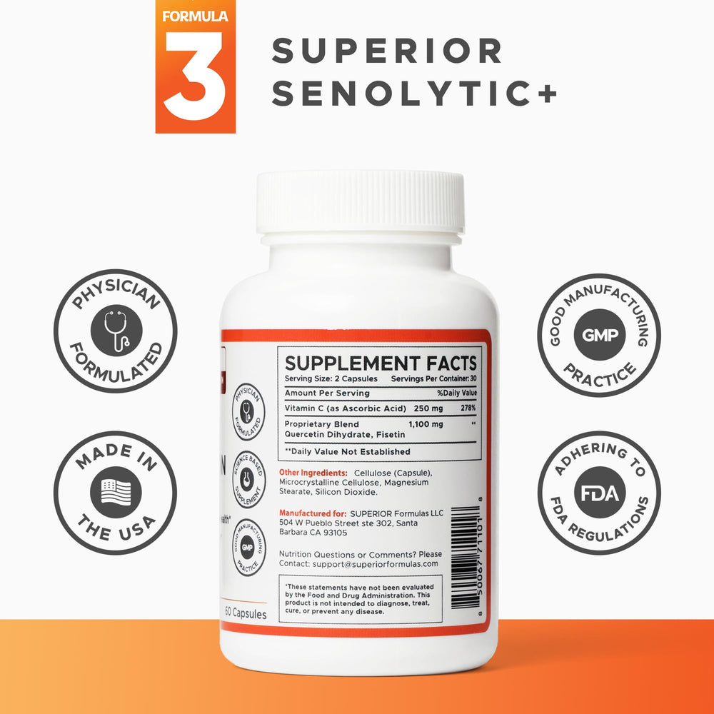 Superior Formulas SENOLYTIC+ capsules closeup for convenient daily use.