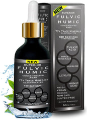 SUPERIOR FULVIC HUMIC X935 bottle with dropper offering minerals and electrolytes for hydration.