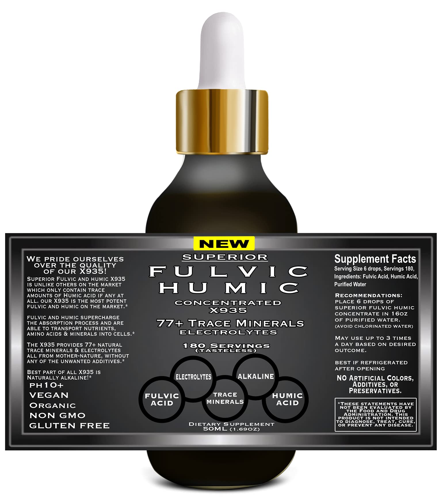 Ingredients list highlight minerals, fulvic and humic acids for trace nutrition.