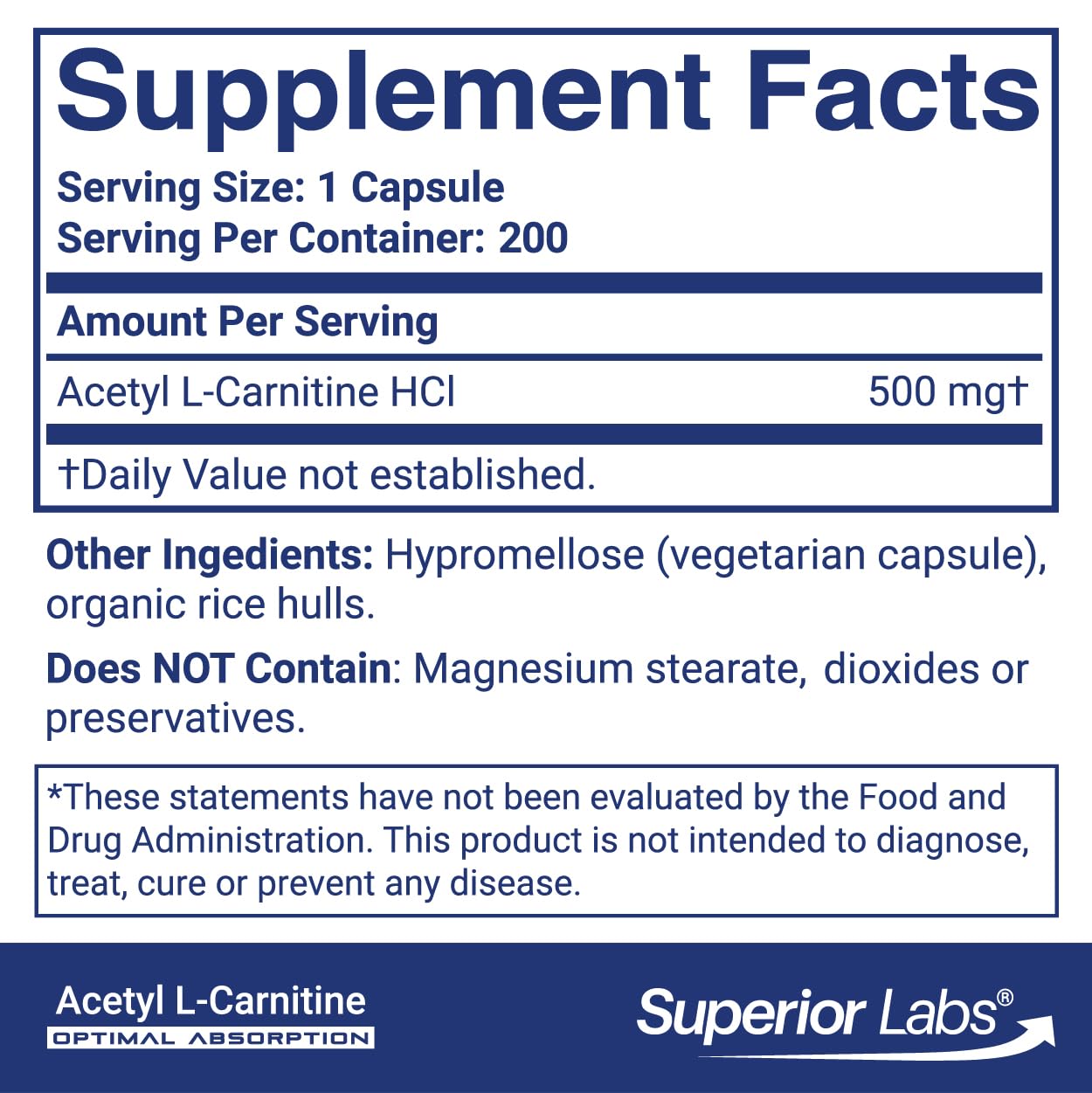Superior Labs Acetyl L-Carnitine 500mg capsules closeup highlighting veggie capsules