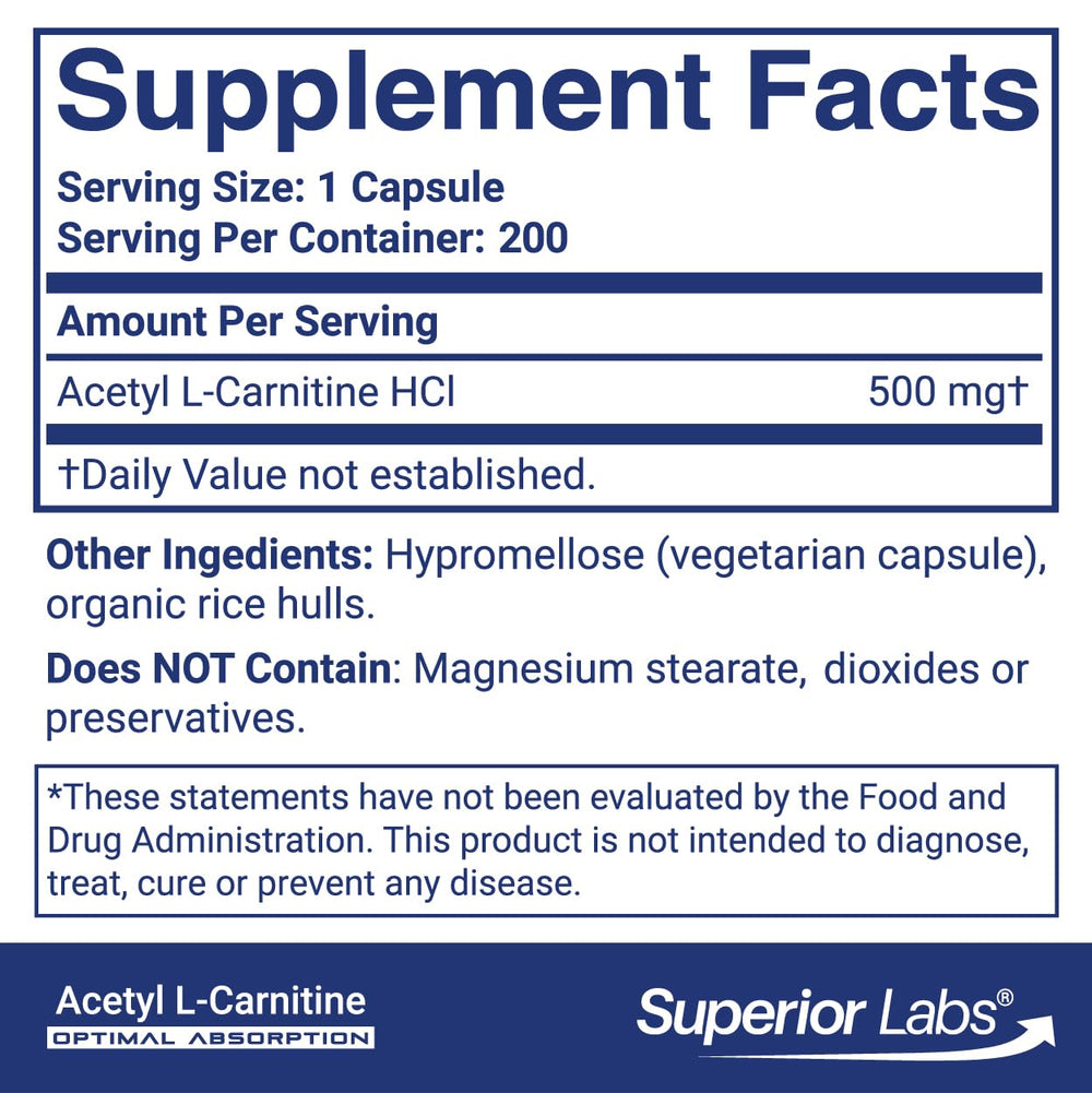 Superior Labs Acetyl L-Carnitine 500mg capsules closeup highlighting veggie capsules