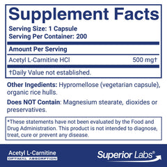 Superior Labs Acetyl L-Carnitine 500mg capsules closeup highlighting veggie capsules