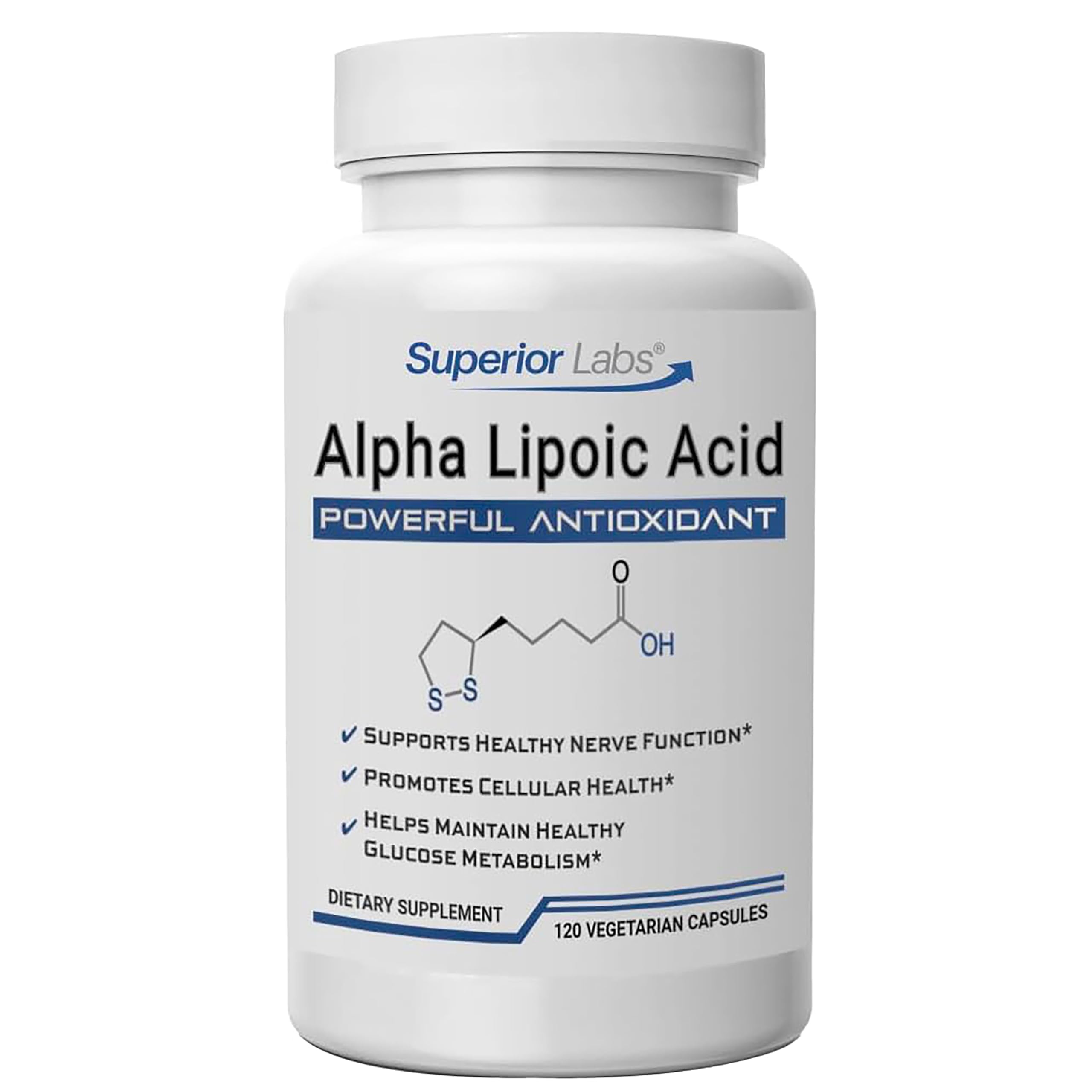Superior Labs Alpha Lipoic Acid 600 mg bottle front promoting everyday antioxidant support