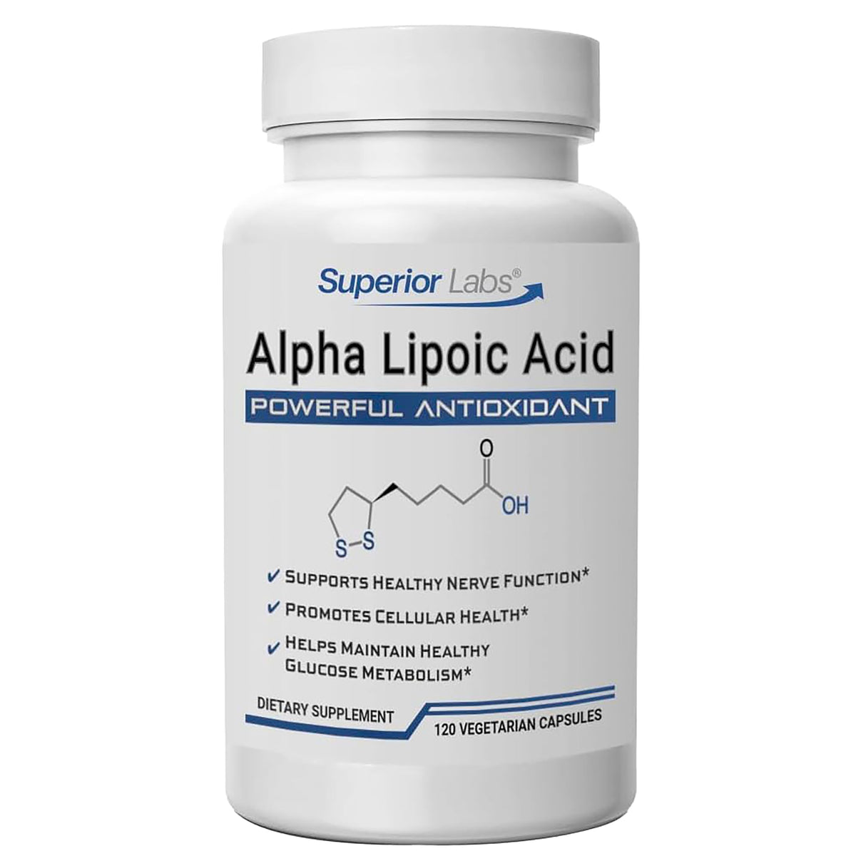 Superior Labs Alpha Lipoic Acid 600 mg bottle front promoting everyday antioxidant support