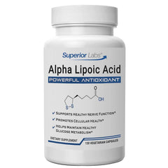 Superior Labs Alpha Lipoic Acid 600 mg bottle front promoting everyday antioxidant support