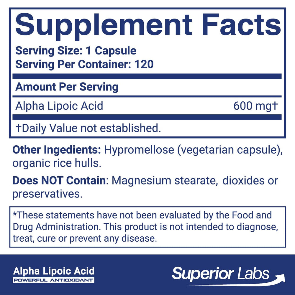 Superior Labs Alpha Lipoic Acid 600 mg capsules close-up highlights non-GMO formula