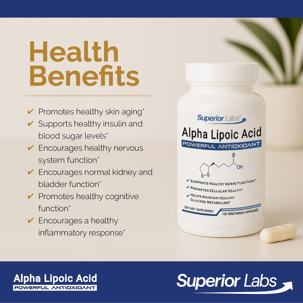 Superior Labs Alpha Lipoic Acid 600 mg label detail emphasizes purity and quality testing