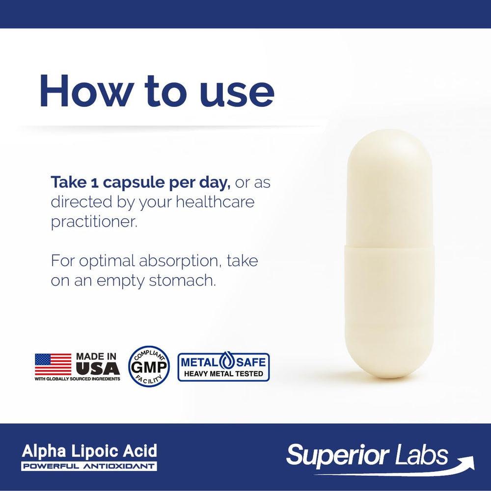 Superior Labs Alpha Lipoic Acid 600 mg veggie capsules packaging illustrates clean vegan-friendly design