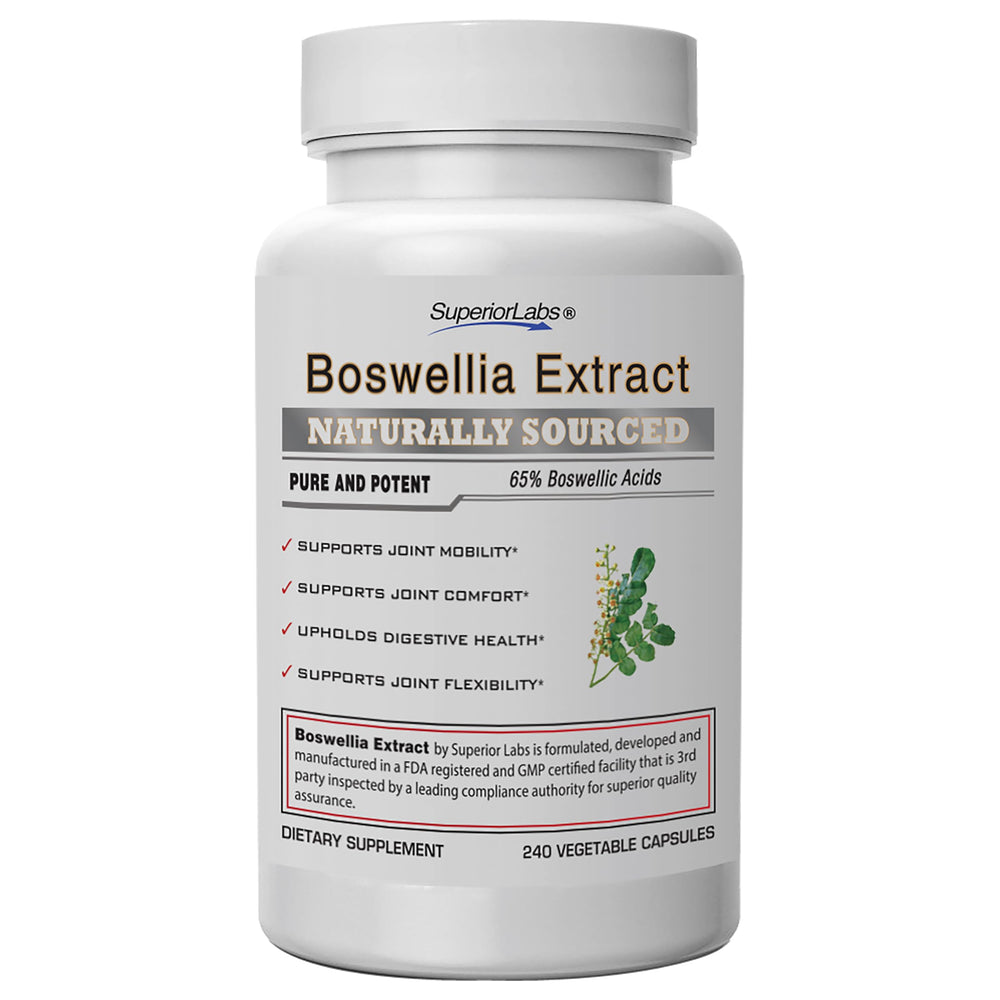 Superior Labs Boswellia extract bottle highlighting 65% boswellic acids for joint support