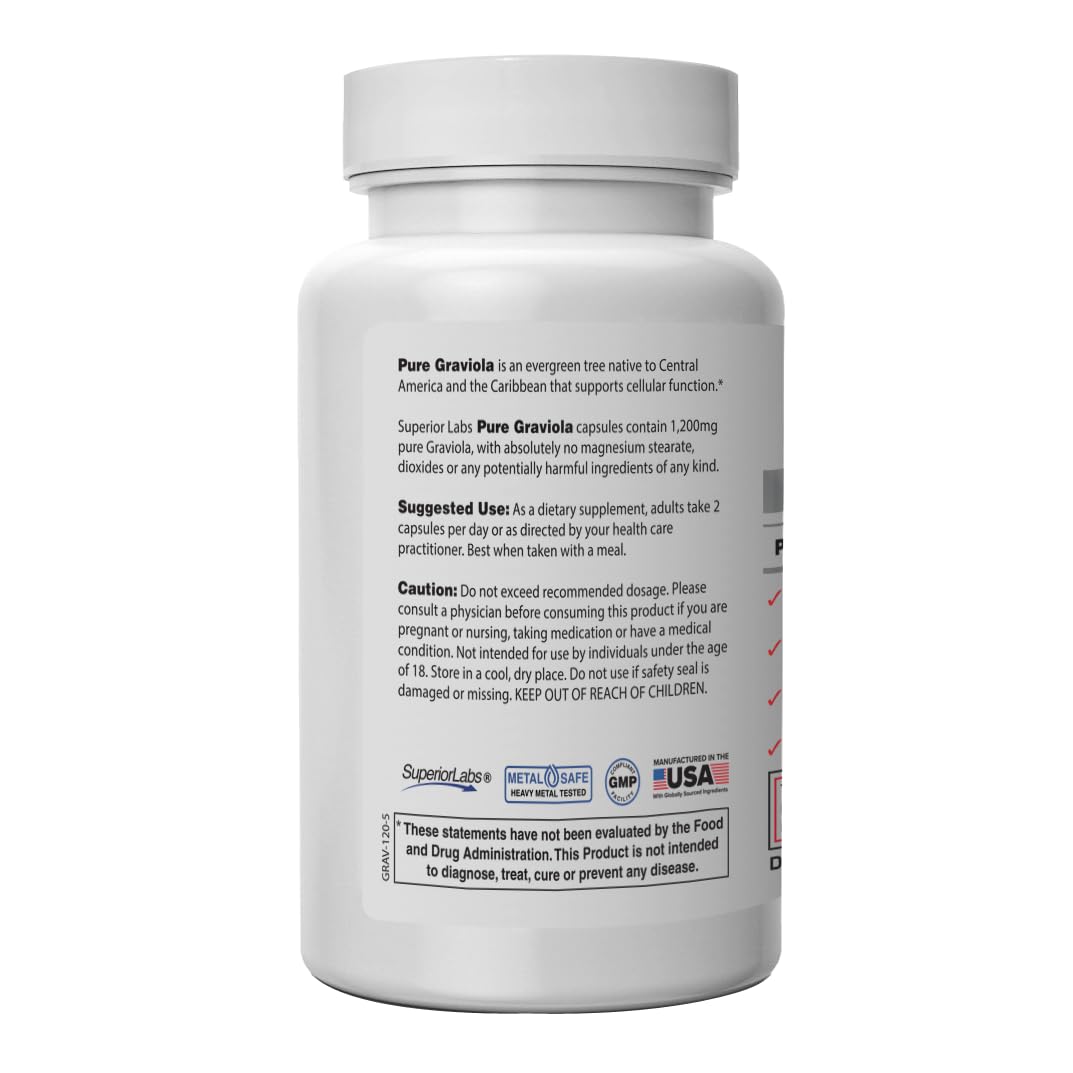 Superior Labs Graviola capsules close-up, showcasing pure formula and high-potency extract.