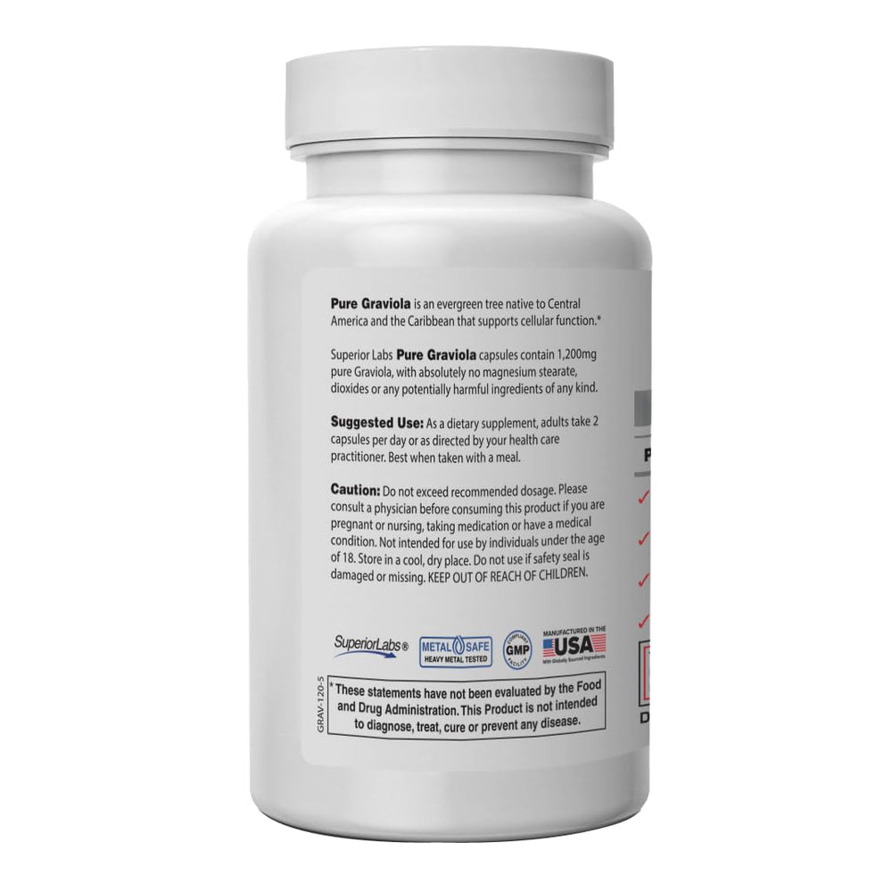 Superior Labs Graviola capsules close-up, showcasing pure formula and high-potency extract.