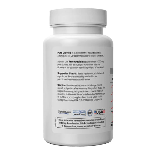 Superior Labs Graviola capsules close-up, showcasing pure formula and high-potency extract.