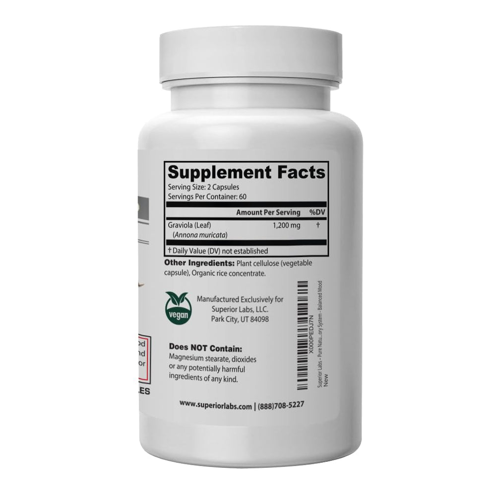 Superior Labs natural Graviola leaves highlight plant-based sourcing.