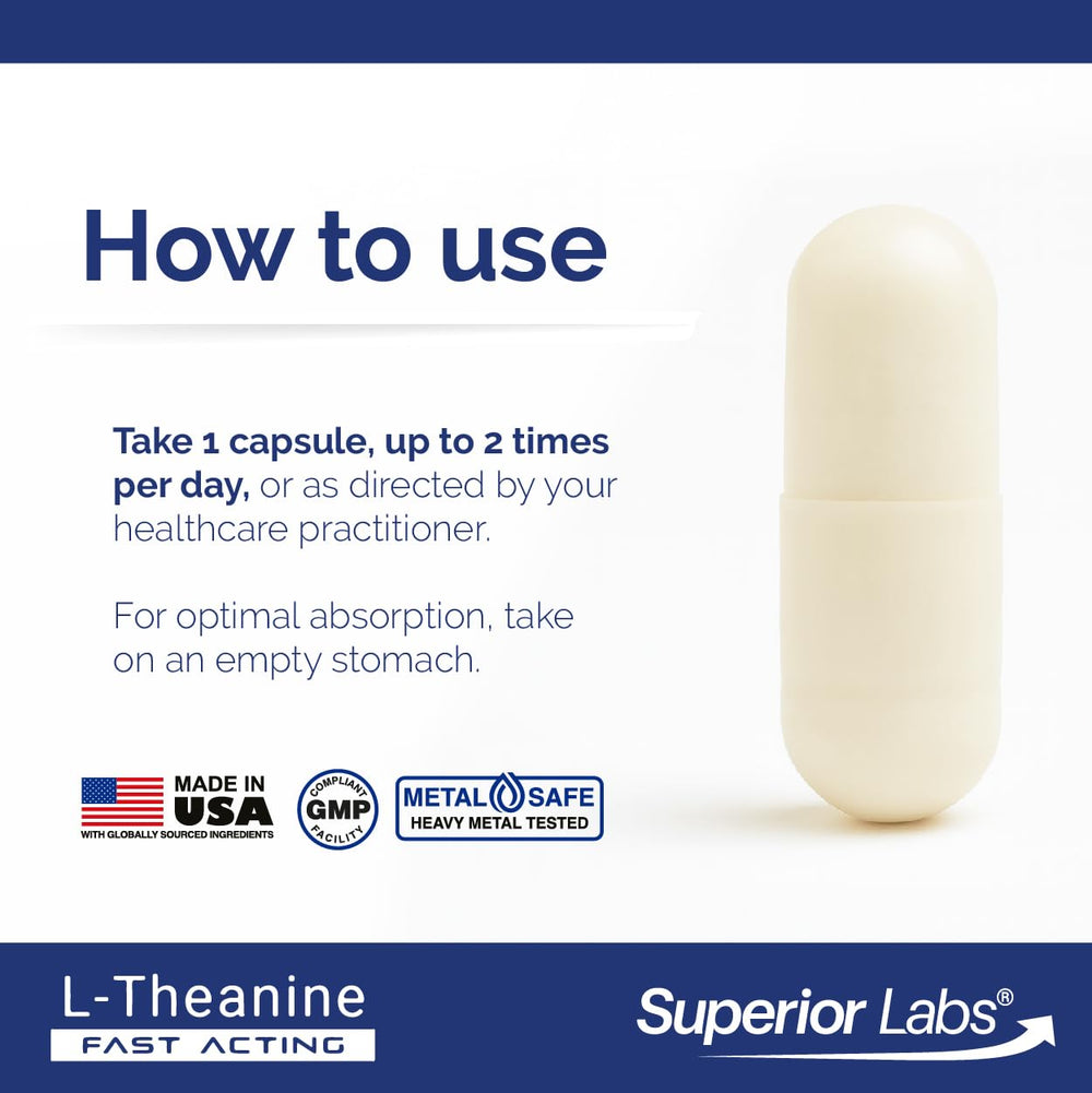 L-Theanine bottle from Superior Labs on a wooden surface, ready for daily use