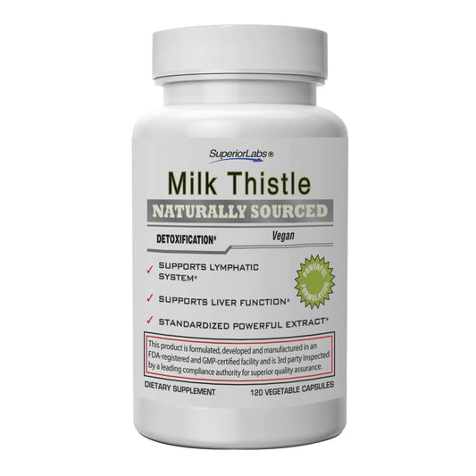 Superior Labs Milk Thistle bottle shows 80% silymarin for liver wellness.