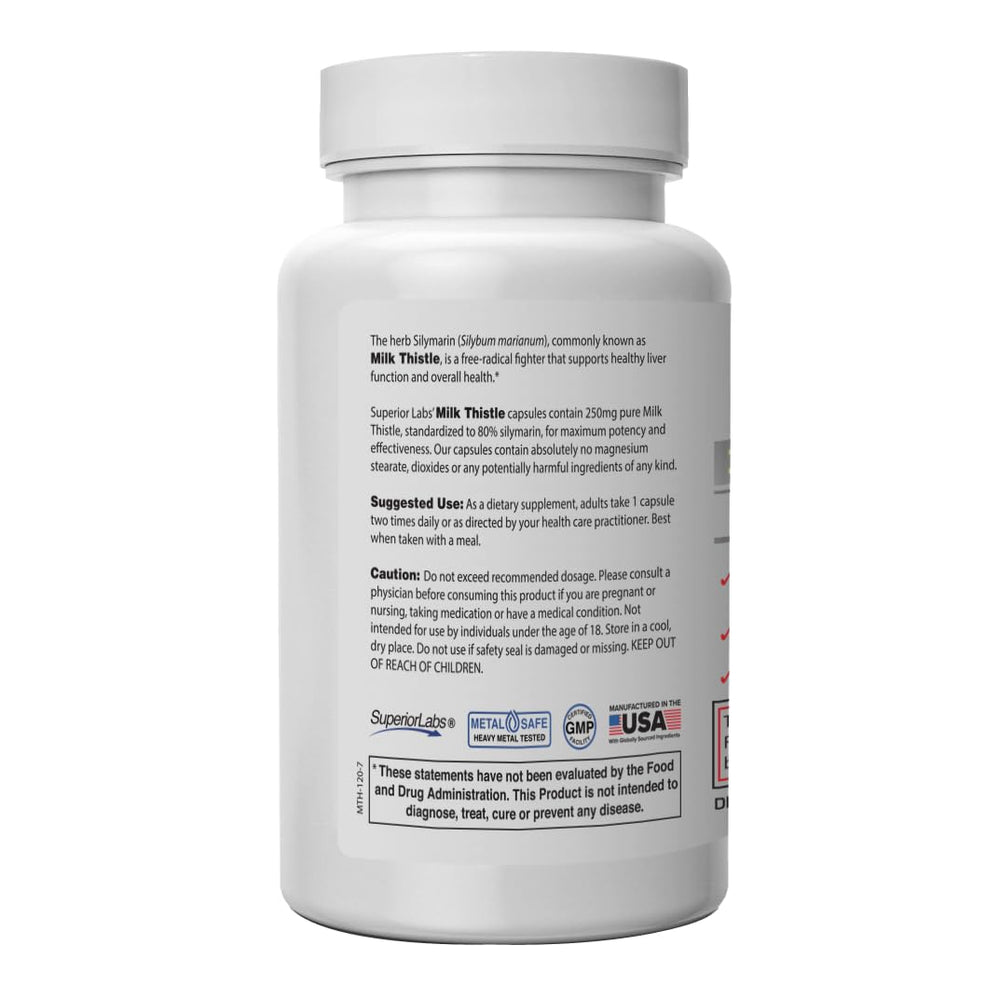 Superior Labs Milk Thistle bottle pour demonstrates easy daily dosing.