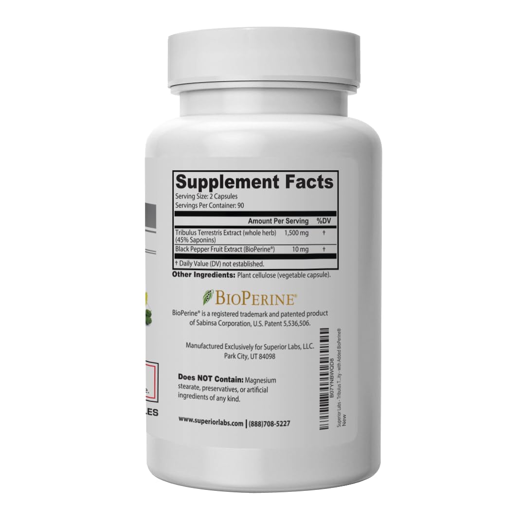 Close-up of Superior Labs Tribulus Terrestris capsules highlighting high potency.