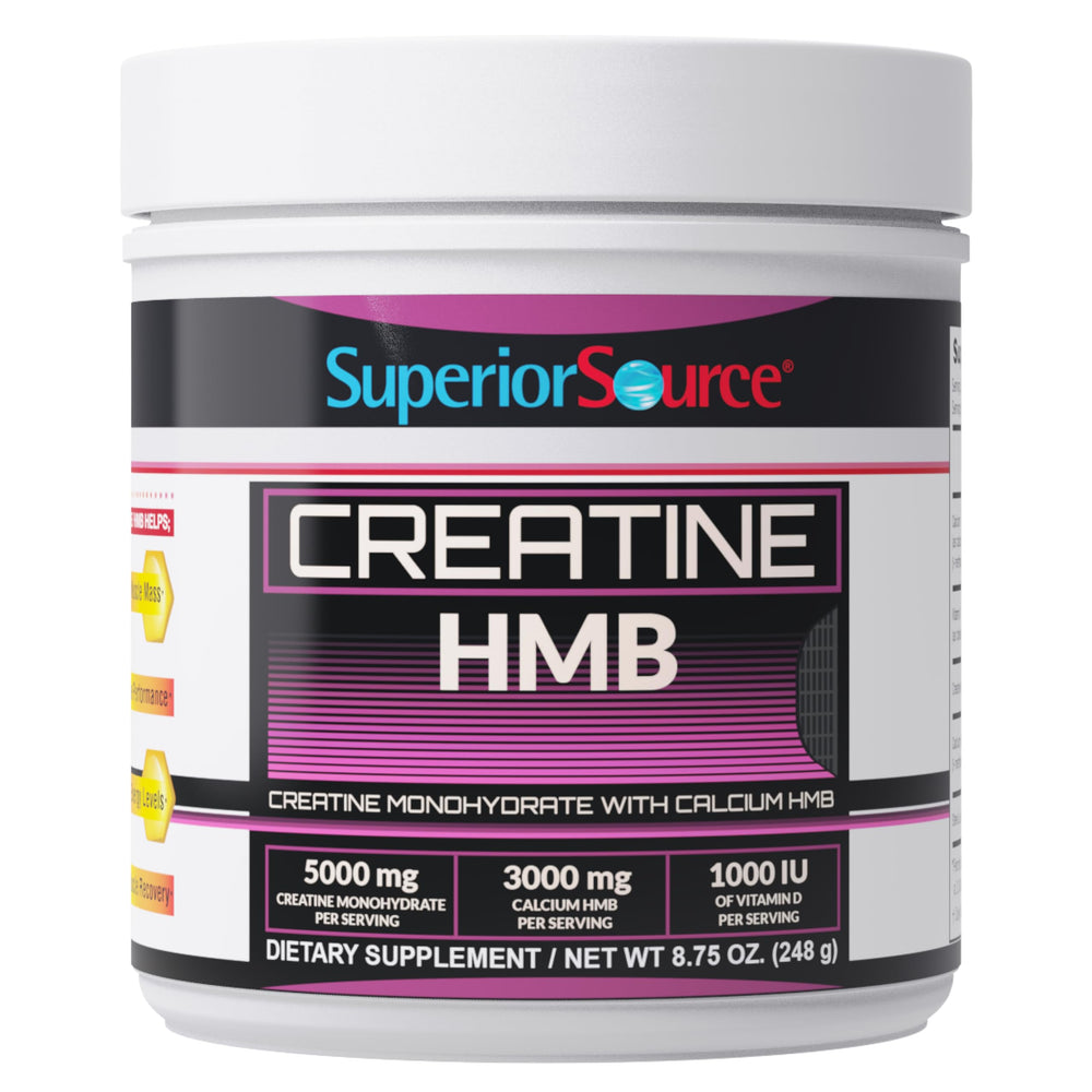 Superior Source Creatine HMB bottle front highlights a dye-free formula for clean workout support.