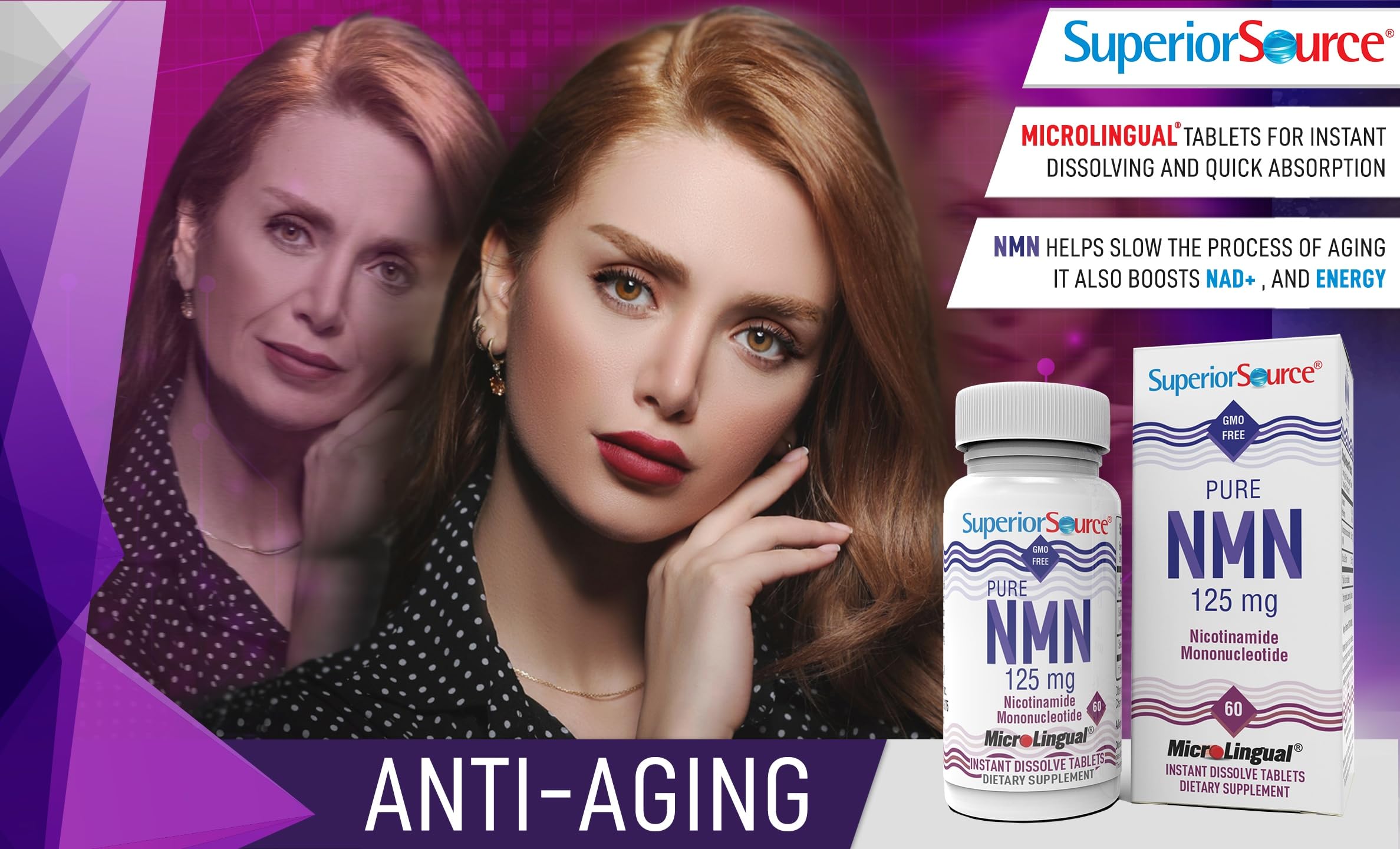 Superior Source NMN tablets dissolving under the tongue for fast absorption.