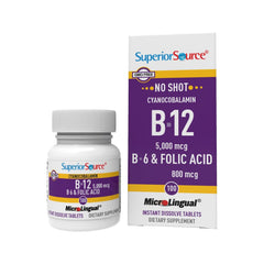 Superior Source No Shot bottle label highlights non-GMO B vitamins