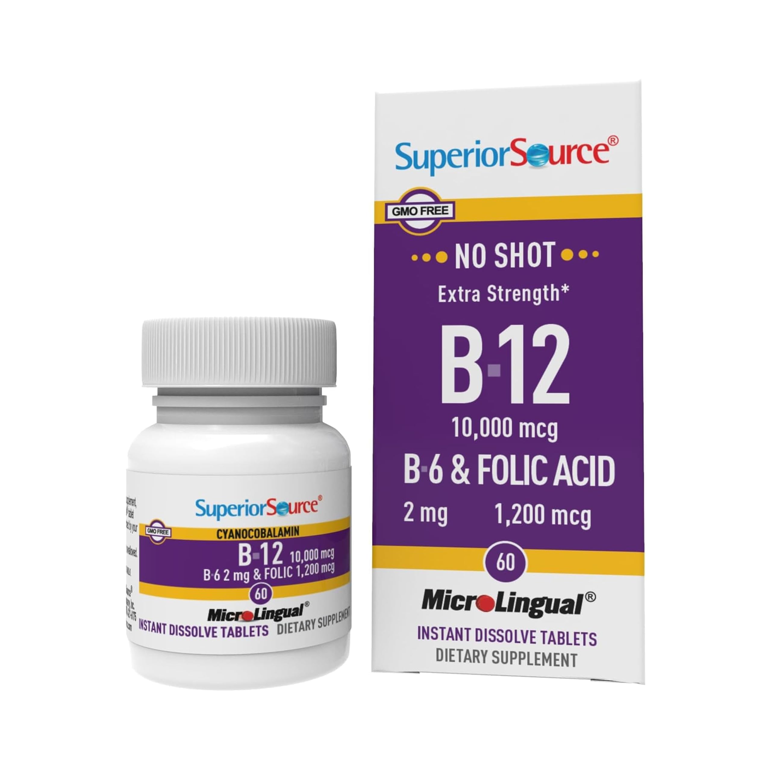 Superior Source no-shot B12 cyanocobalamin packaging for convenient sublingual delivery