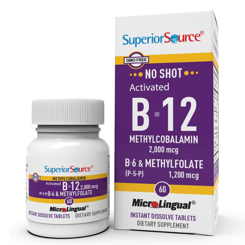 Superior Source No Shot B12 methylcobalamin bottle shows rapid-dissolve tablets for energy support.