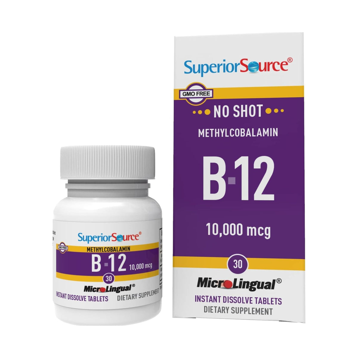 Superior Source No Shot B-12 bottle with dissolving tablets for quick energy support