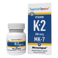 Superior Source vitamin K2 MK-7 bottle with quick-dissolve tablets for bone support.