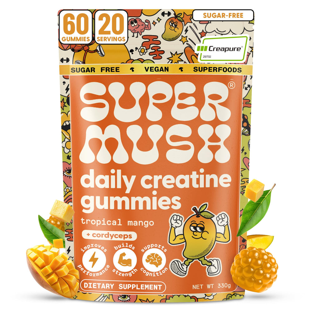 SuperMush Daily Creatine Gummies bottle closeup shows easy daily energy support