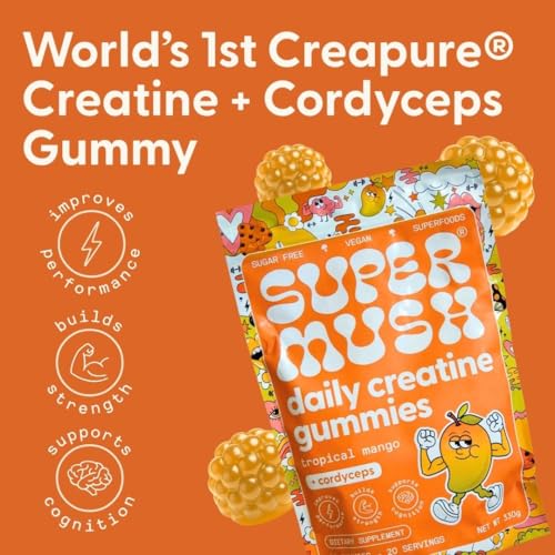 SuperMush Daily Creatine Gummies mango flavor closeup emphasizes tasty, convenient use