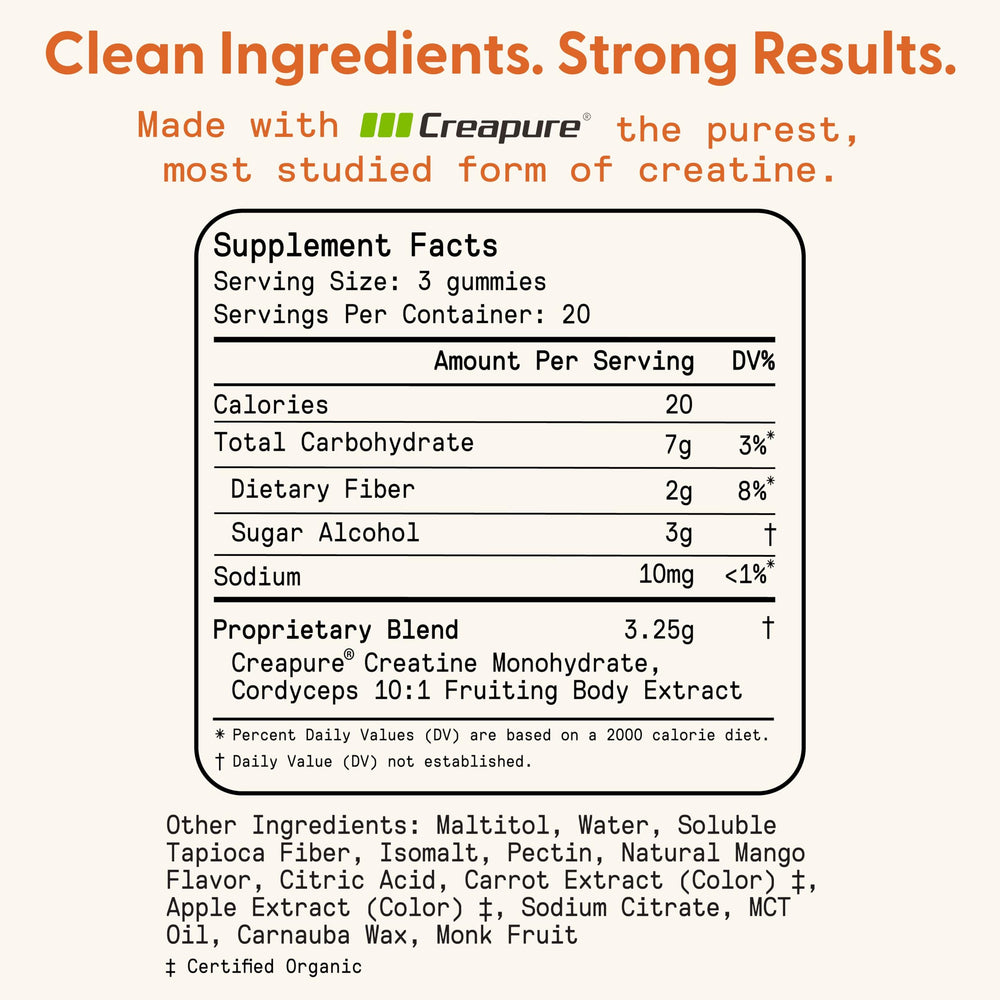 SuperMush Daily Creatine Gummies packaging shot signals vegan, non-GMO quality
