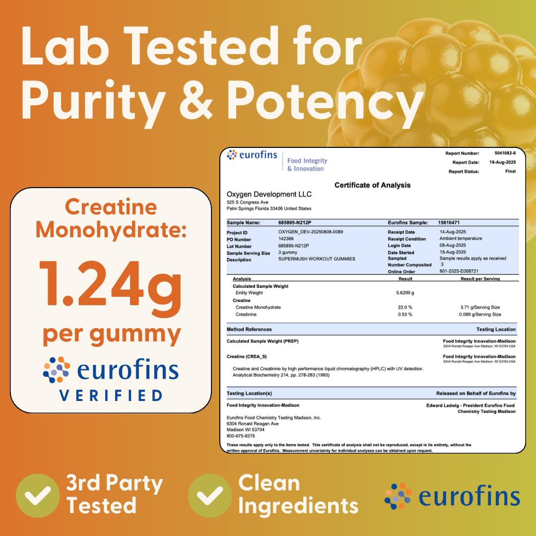 SuperMush Daily Creatine Gummies sugar-free tag highlights no added sugar