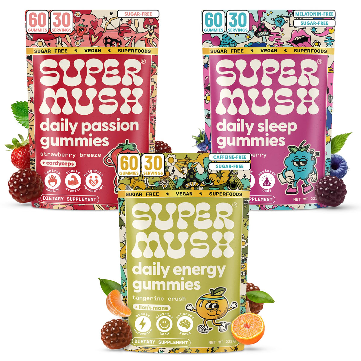 SuperMush Daily Passion Gummies bottle with strawberry flavor for daily arousal support.