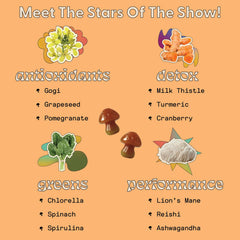 SuperMush Dr. G Daily Greens Gummies featuring spirulina and chlorella for gut-friendly nutrition.