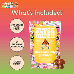 SuperMush Dr. G Daily Greens Gummies highlighting vitamin C and zinc for daily immune vibes.