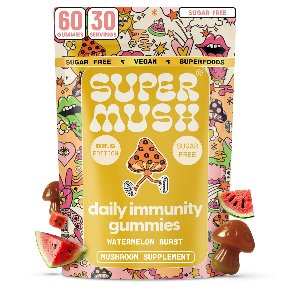 SuperMush Dr. G Daily Greens Gummies with watermelon flavor for on-the-go freshness and immune balance.