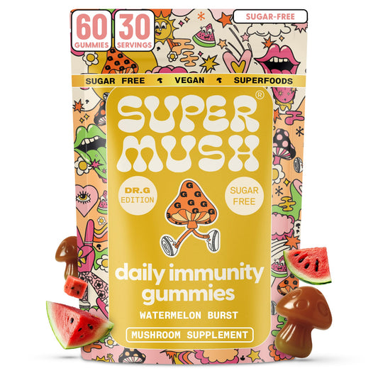 SuperMush Dr. G Daily Greens Gummies with watermelon flavor for on-the-go freshness and immune balance.