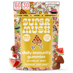 SuperMush Dr. G Daily Greens Gummies with watermelon flavor for on-the-go freshness and immune balance.