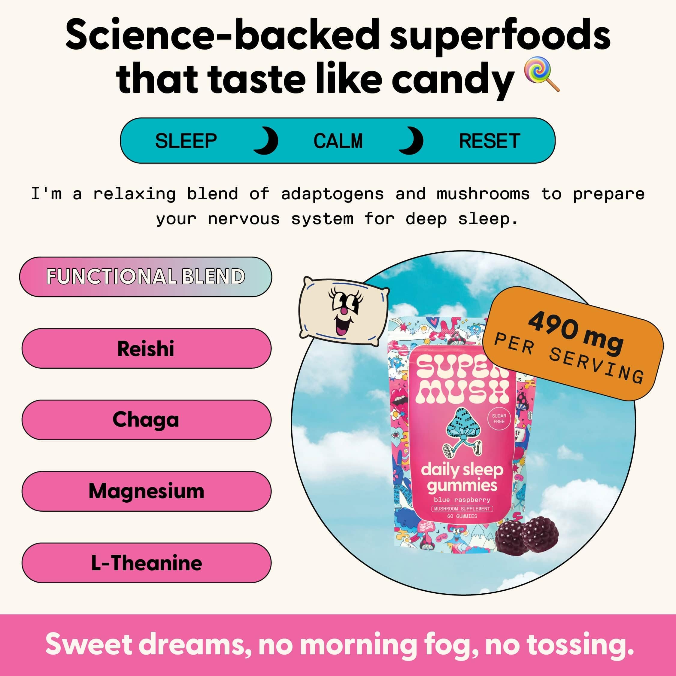 SuperMush Sleep Gummies bottle nutrition label highlights magnesium citrate.