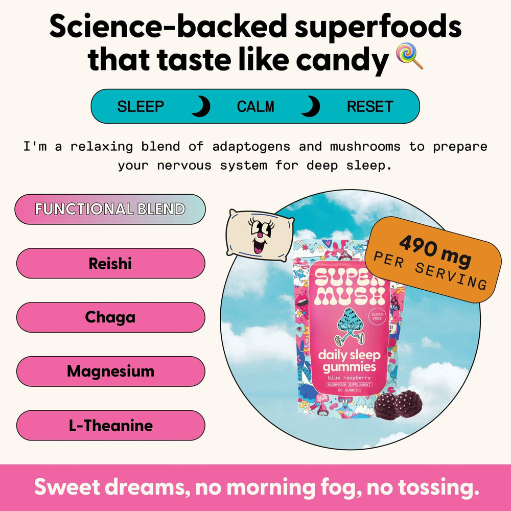 SuperMush Sleep Gummies bottle nutrition label highlights magnesium citrate.