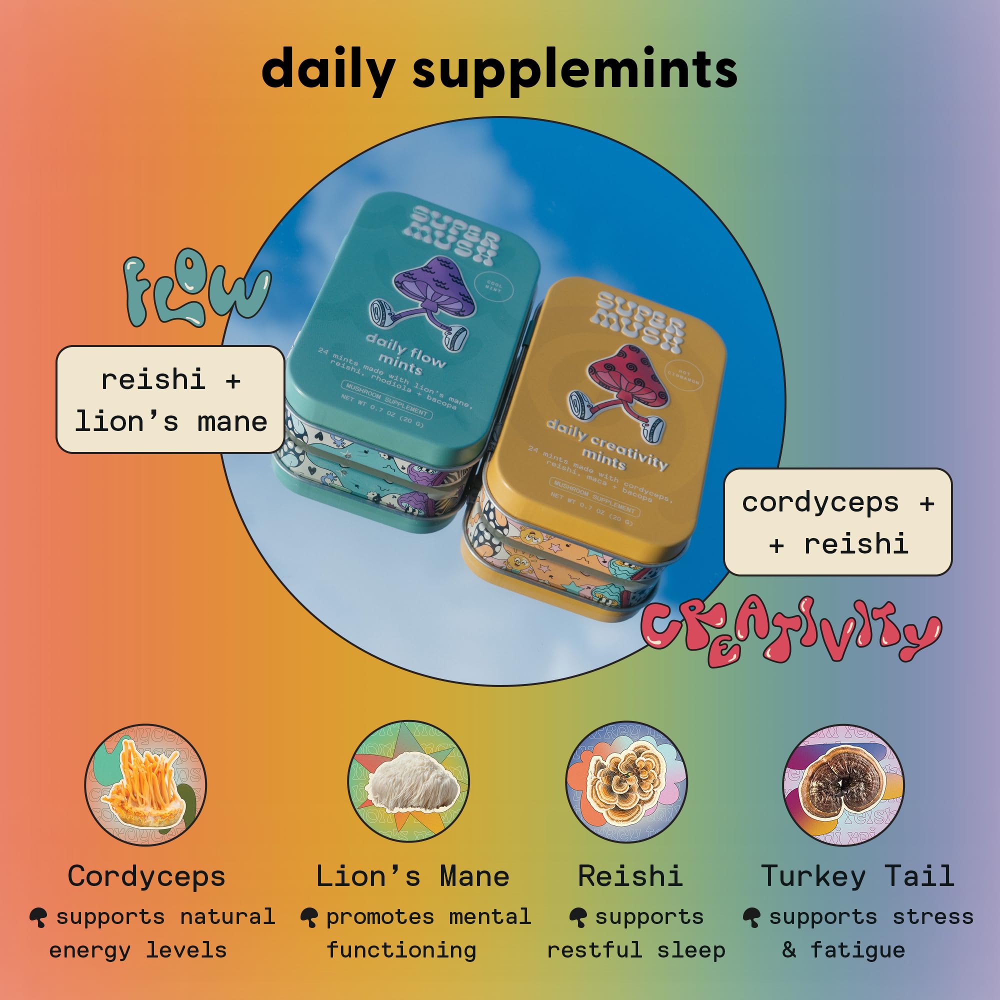 SuperMush SuppleMint bottle closeup emphasizes convenient daily use.