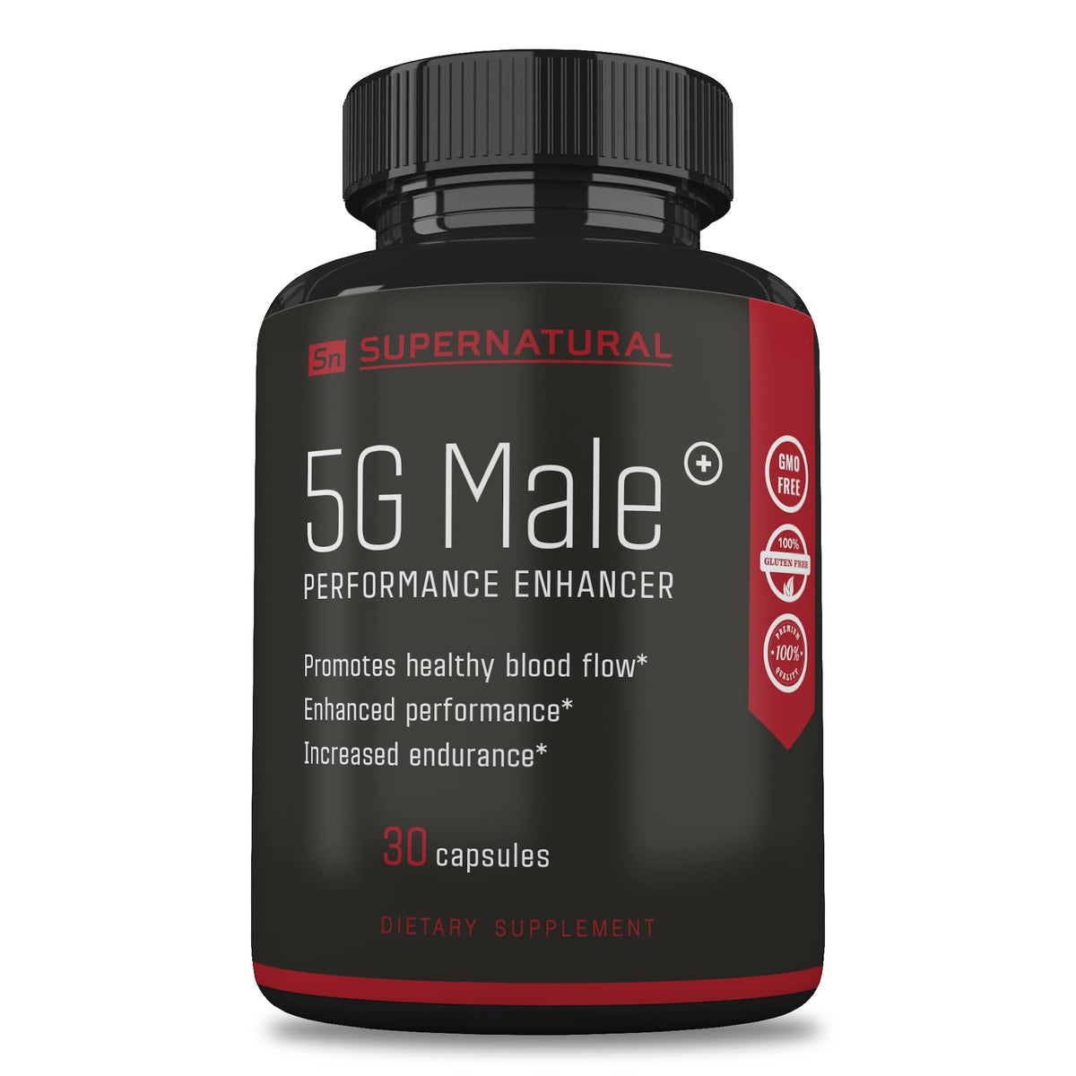 Supernatural Man 5G Male bottle front, suggesting improved blood flow and stamina.