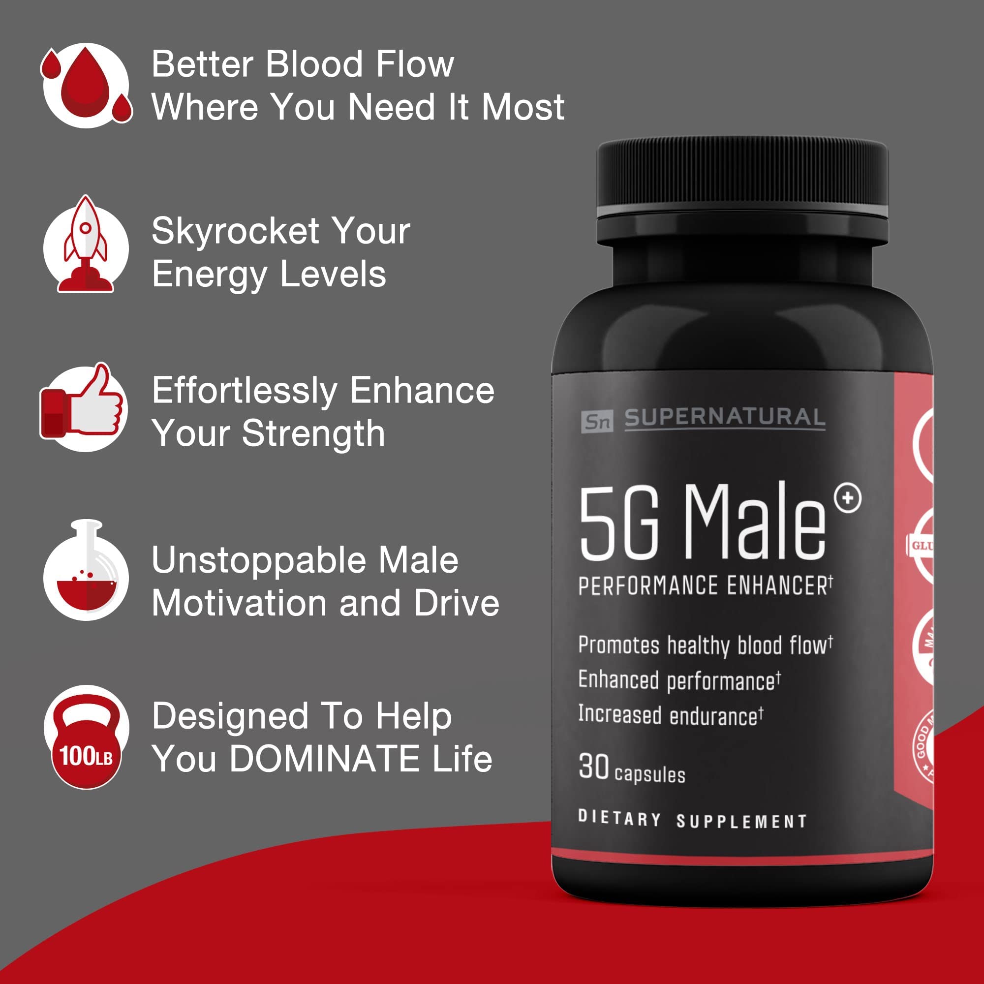 Supernatural Man 5G Male bottle with ingredient icons for vitality.