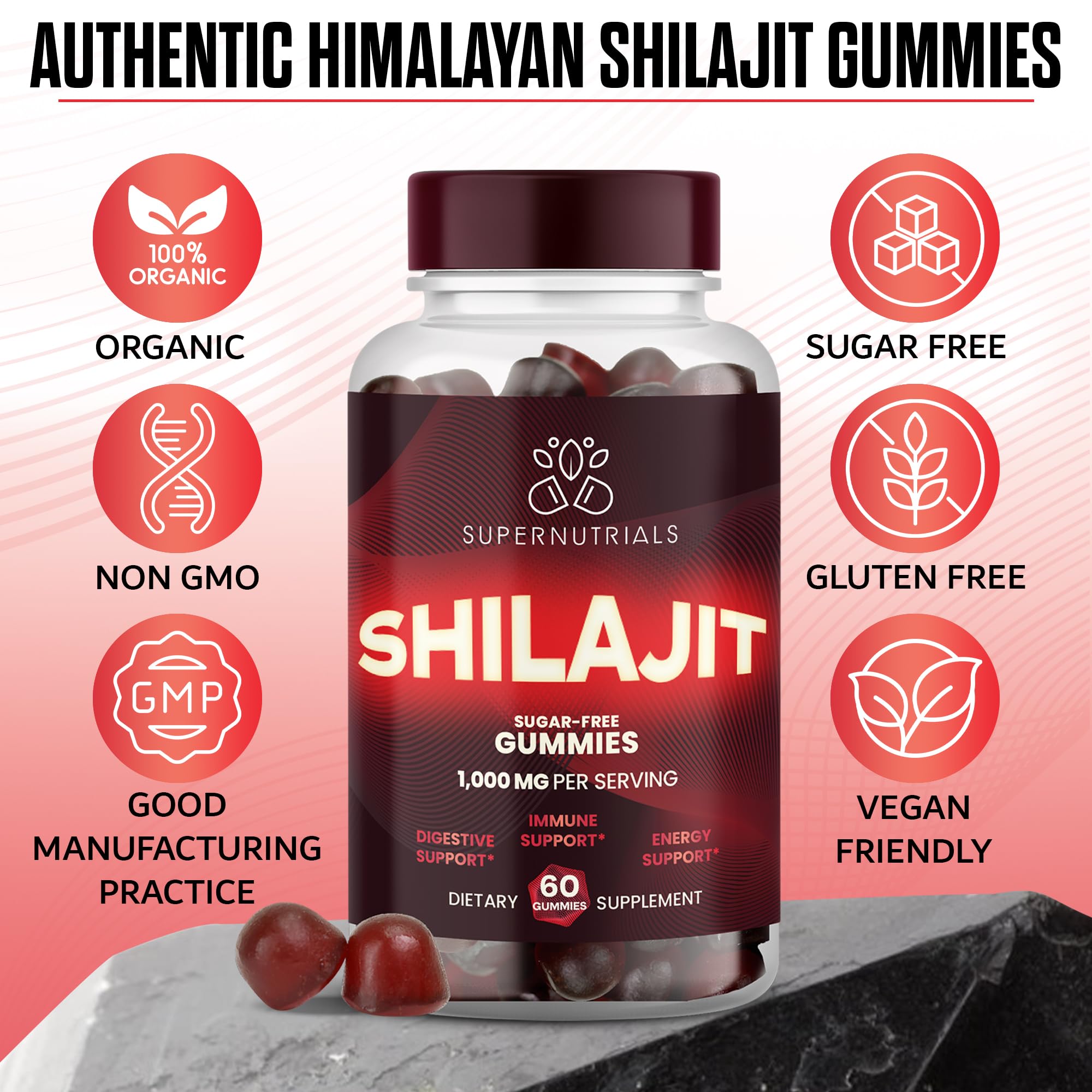 SUPERNUTRIALS Shilajit Gummies label closeup, organic vegan ingredients.