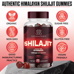 SUPERNUTRIALS Shilajit Gummies label closeup, organic vegan ingredients.